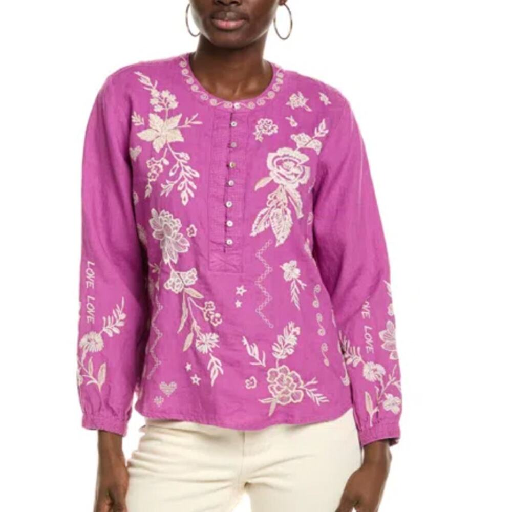 Johnny Was Field Henly Purple Embroidered linen Love Amore Blouse Medium - Picture 2 of 7